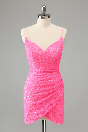 Glitter Hot Pink Bodycon Spaghetti Straps Sequins Cocktail Dress